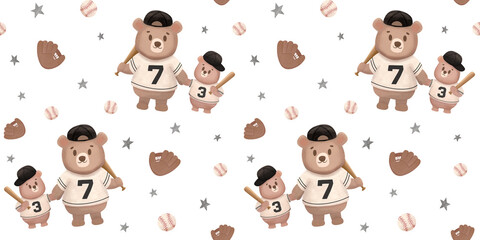 baseball Seamless pattern Sport game father and son bears baseball players textile design baseball glove pattern father's day digital paper softball baseball bat print cute pattern with bears