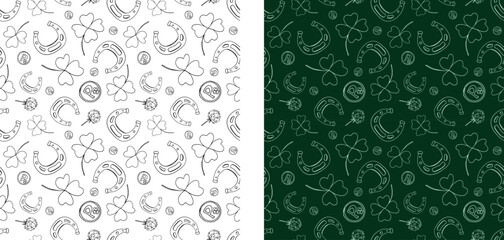 Saint Patrick. Spring. March 17. Spring holiday. Leprechaun. Hat. Gold. Clover. Four leaf clover. Luck. Doodle. Decor set. Pattern set. St. patrick seamless vector print.