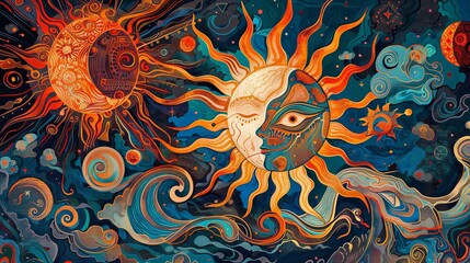 Intricate artwork featuring the harmony of sun and moon