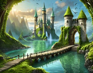 city that is covered in moss and surrounded by water with a large drawbridge door to a castle that is open- Two Moss Castles- Side City View - obrazy, fototapety, plakaty