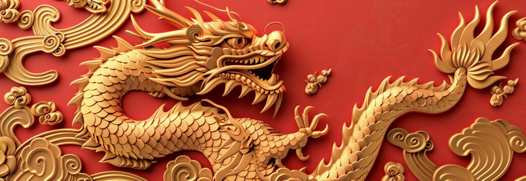 3D Chinese dragon golden paper cutting.