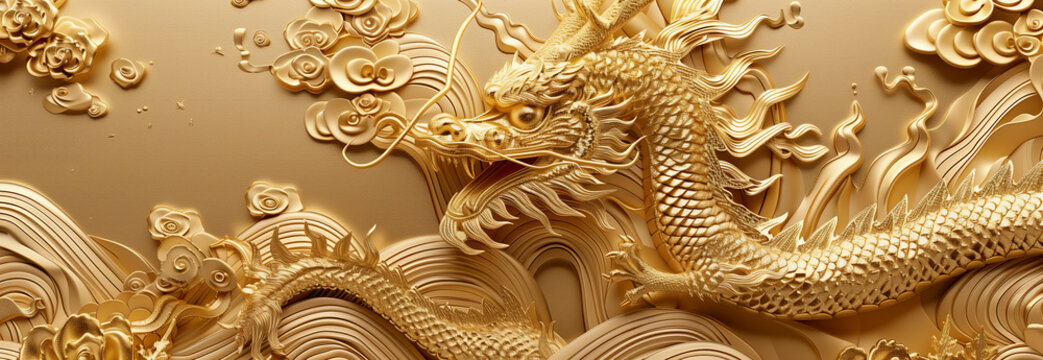 3D Chinese dragon golden paper cutting.