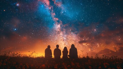 Group admires the evening sky in a natural landscape, under a starry atmosphere