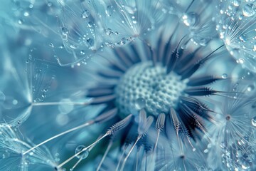 dandelion flowers with blue water droplets Generative AI