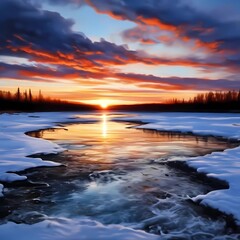 sunrise over the lake with milky way on the sky beautiful view in winter