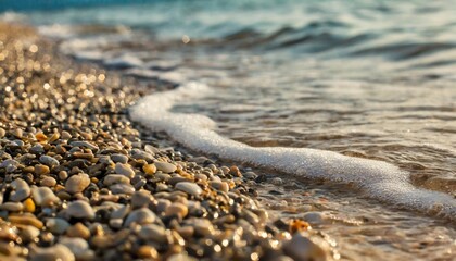 Fototapeta na wymiar a background of sand small pebbles and flowing waves on the sea beach summer vacation concept
