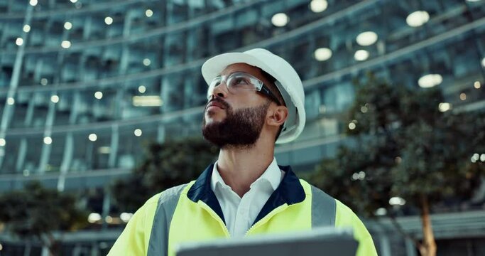 Progress, man or architect on tablet in city to research for engineering, building or construction. Inspection check, night or contractor reading on development, project notification or architecture
