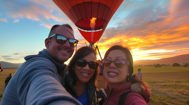 A group of people is posing together in front of a colorful hot air balloon with the early morning sun in the background, capturing the moment with a selfie