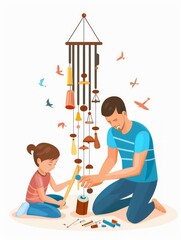 Parent and Child Crafting Wind Chime from Recycled Materials Generative AI
