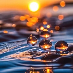 Golden Sunset Reflected in Water Droplets on a Rippled Surface