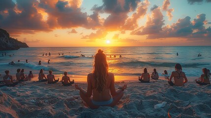 a group of people are sitting on the beach meditating at sunset - obrazy, fototapety, plakaty