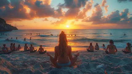 Photo sur Plexiglas Coucher de soleil sur la plage a group of people are sitting on the beach meditating at sunset