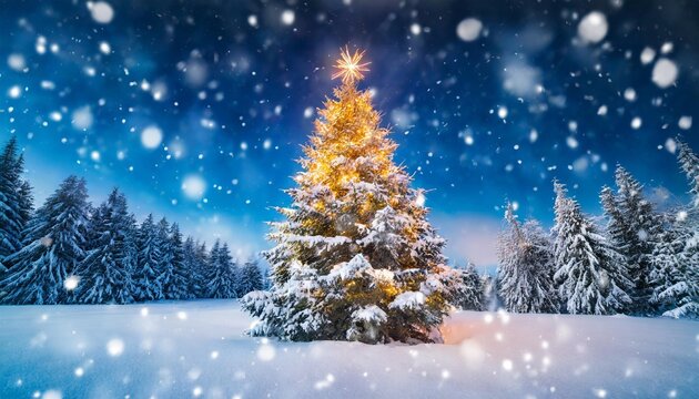 christmas winter blurred background xmas tree with snow holiday festive background widescreen backdrop new year winter art design with snowflakes nature scene