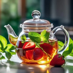 teapot with strawberry tea and mint