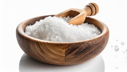 sea salt in wooden bowl with wooden scoop isolated on white