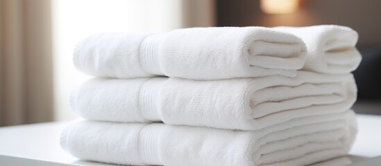 A neat arrangement of fresh white towels rests on a wooden table in an upscale hotel room. The scene conveys feelings of solitude and relaxation, perfect for a peaceful staycation or a digital detox