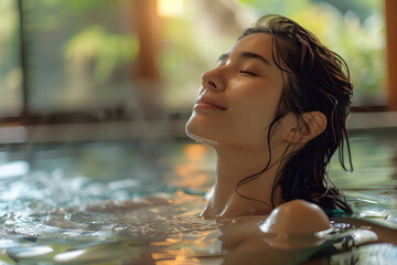 Woman enjoying indoor hot springs - obrazy, fototapety, plakaty