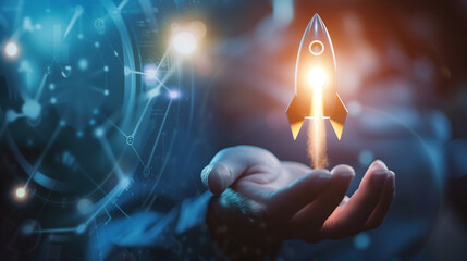 A person is seen holding a lit rocket in their hand, ready to launch it into the sky. Symbol for fast business success or startup business concept