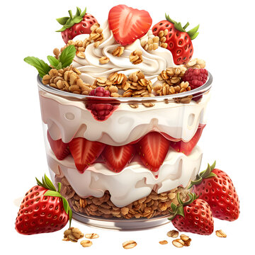 A 3D animated cartoon render of a delicious strawberry parfait with layers of yogurt and granola.