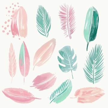 Mint pink boho clip art leaf brushstroke shapes