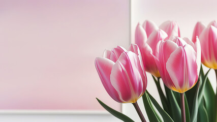 pink tulips. designing minimalist polygraphic white lines frame, muted colors, soft light pink, tulips background