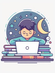Diligent Student Surrounded by Books and Technology during Nighttime Study Session Generative AI