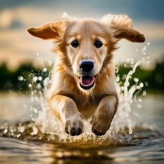 golden retriever running on water 