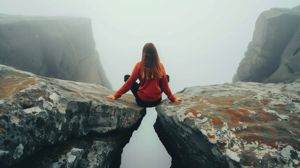 A woman is doing the splits between two rocks, enjoying the view around her. She appears relaxed and contemplative as she takes in her surroundings