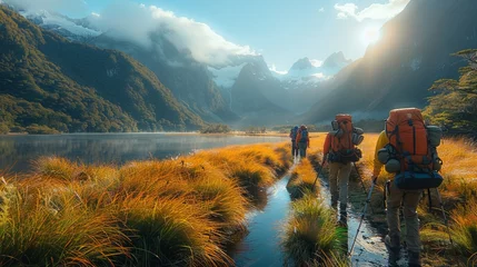 Fototapeten Travelers with backpacks trekking beside a mountain river under a cloudy sky © yuchen