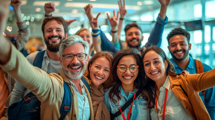 Multicultural Travelers: Embracing Diversity Together. A diverse group of people, spanning different ages and races, posing joyfully with their backpacks inside the bustling atmosphere of an airport - obrazy, fototapety, plakaty