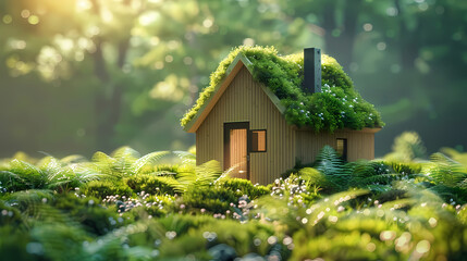 Fototapeta na wymiar House model, green bokeh background, real estate concept