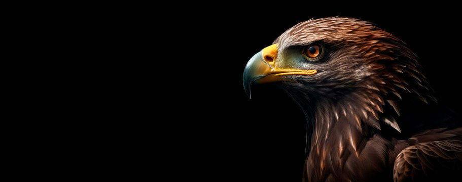 Eagle head in profile or side close-up. Panoramic image of the eagle's head on the right against the background of a black isolated banner.
