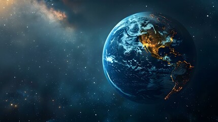 Glowing Earth globe with illuminated city lights against dark outer space backdrop. Concept Earth Globe, City Lights, Dark Space, Illuminated, Glowing - obrazy, fototapety, plakaty