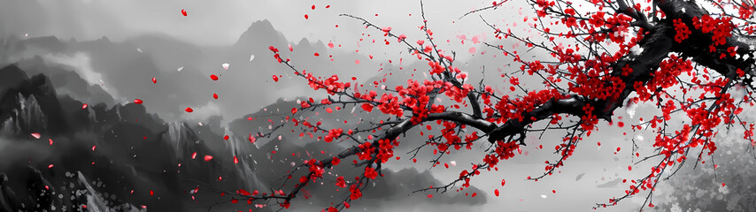 Striking contrast of a crimson and blush sakura tree delicately punctuates the serene black and white expanse of the mountainous backdrop, stretching across an expansive canvas with tranquil elegance - obrazy, fototapety, plakaty
