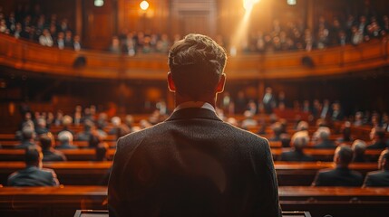 a man in a suit is giving a speech in front of a crowd in an auditorium - obrazy, fototapety, plakaty