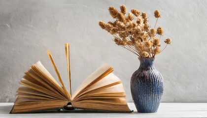 dried flower in vase and book on white background