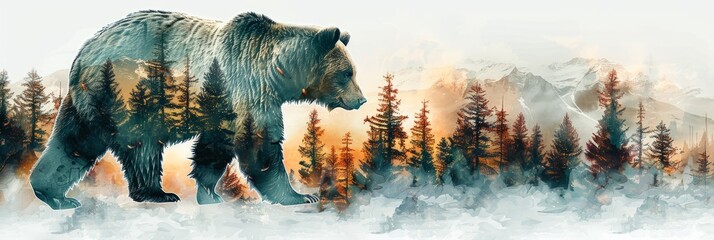 Watercolor illustration image with double exposure of a forest predator bear and its forest habitat, banner