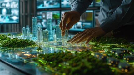 An urban planner interacts with a detailed city model, focusing on sustainable development and green spaces. AIG41