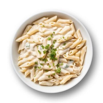 Penne pasta with white sauce isolated on transparent or white background, png