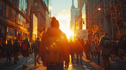 a group of people are walking down a city street at sunset