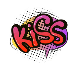 Comic speech bubble with emotion and text. Comic bubble speech clouds. Cartoon kiss comic sign vector.