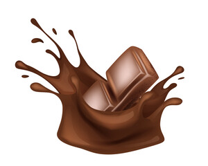 Chocolate. Pieces, shavings. 3D realistic vector set, horizontal and vertical splash of chocolate