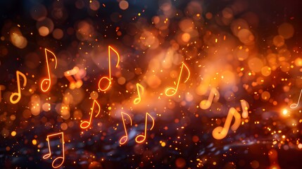The Beauty of Melody: Vibrant and Glowing Musical Notes Floating in the Air. Concept Music, Melody, Vibrant colors, Floating notes, Glowing effect