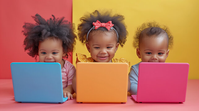 Adorable black babies engagingly typing on vibrant laptops against colorful backdrop