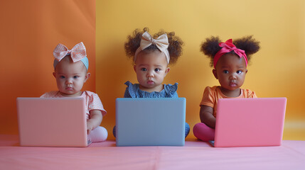 Cute multiracial babies immersed in playful typing activities on bright, vibrant backdrop