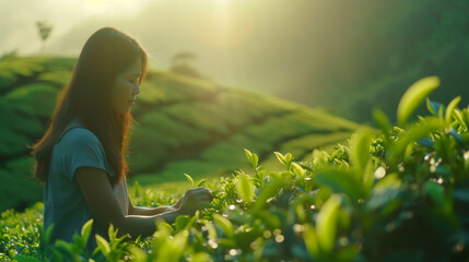 Woman picking tea leaves on green plantation