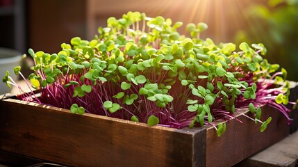 Vibrant microgreens bask in natural light, showcasing the lush freshness of urban farming. This close-up captures the essence of health and sustainability with a crop of nutrient-dense pea shoots. - obrazy, fototapety, plakaty