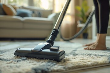 Close-up view of an individual using a vacuum cleaner on a carpet in a brightly sunlit living room, showcasing cleanliness