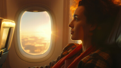 Woman traveler sitting near window on airplane during flight - obrazy, fototapety, plakaty