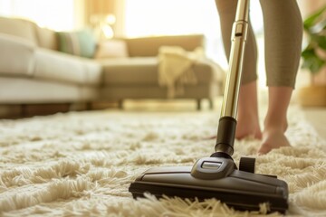 A smooth motion of cleaning a fluffy white carpet with a vacuum cleaner in a contemporary living room setting